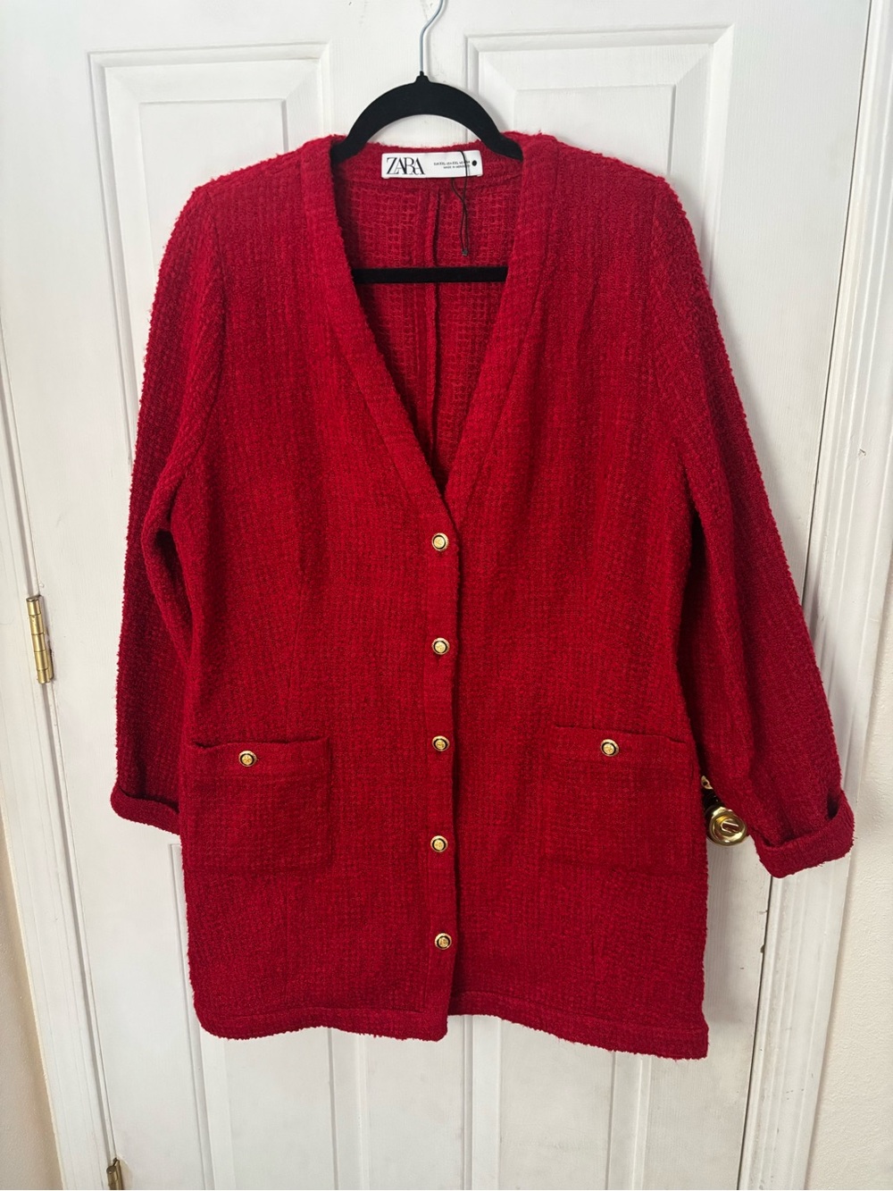 Zara Red Bouclé Long Button-Front Jacket